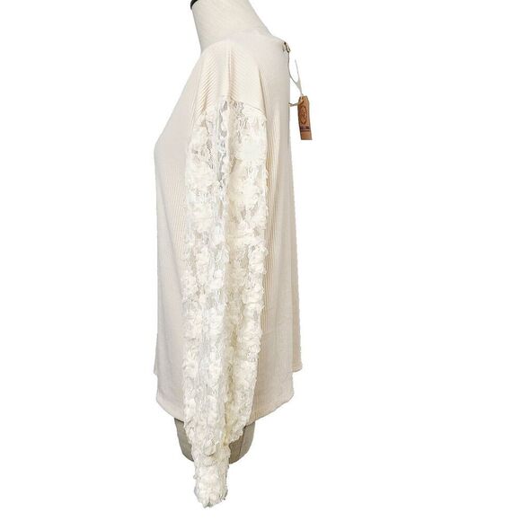 NEW Grace & Emma Top M Cream Ribbed Knit Lace Sleeve Pullover Relaxed Fit Blouse - Picture 6 of 12